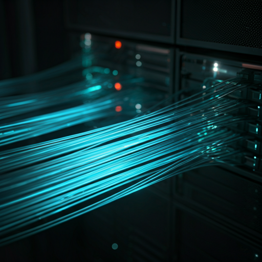High-speed data visualized as glowing light paths through optical fibers in a dark server room, tech-blue and cyan hues.