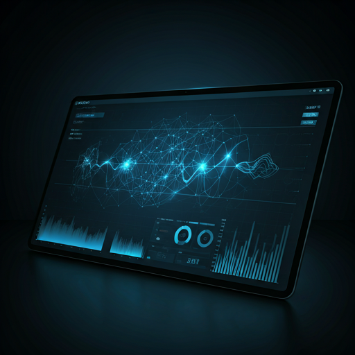 Dark AI dashboard with neural-network graphs and real-time compliance metrics in deep navy and glowing blue tones.